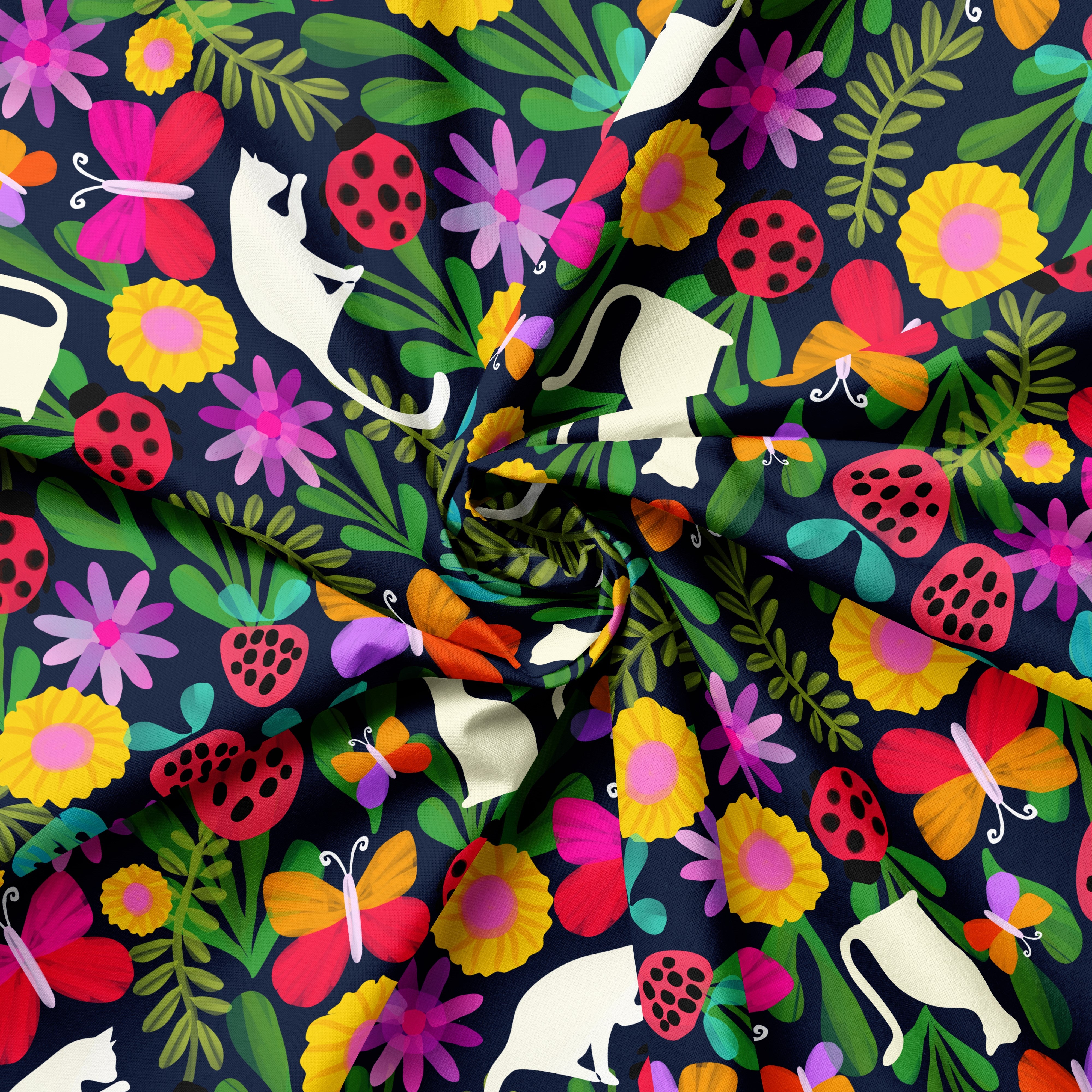 Kitty Cat Strawberry Patch Noir | Fabric by the Metre